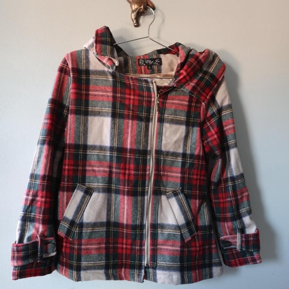 Cozy Plaid Hooded Jacket Loose Fit Red‎